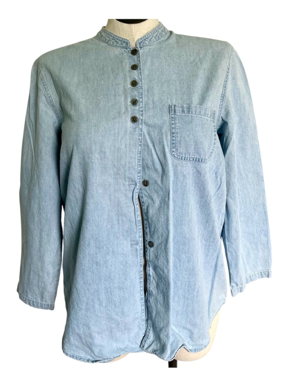 J. Jill Long Sleeve Band Collar 100% Cotton Denim Front Button Tunic - Large